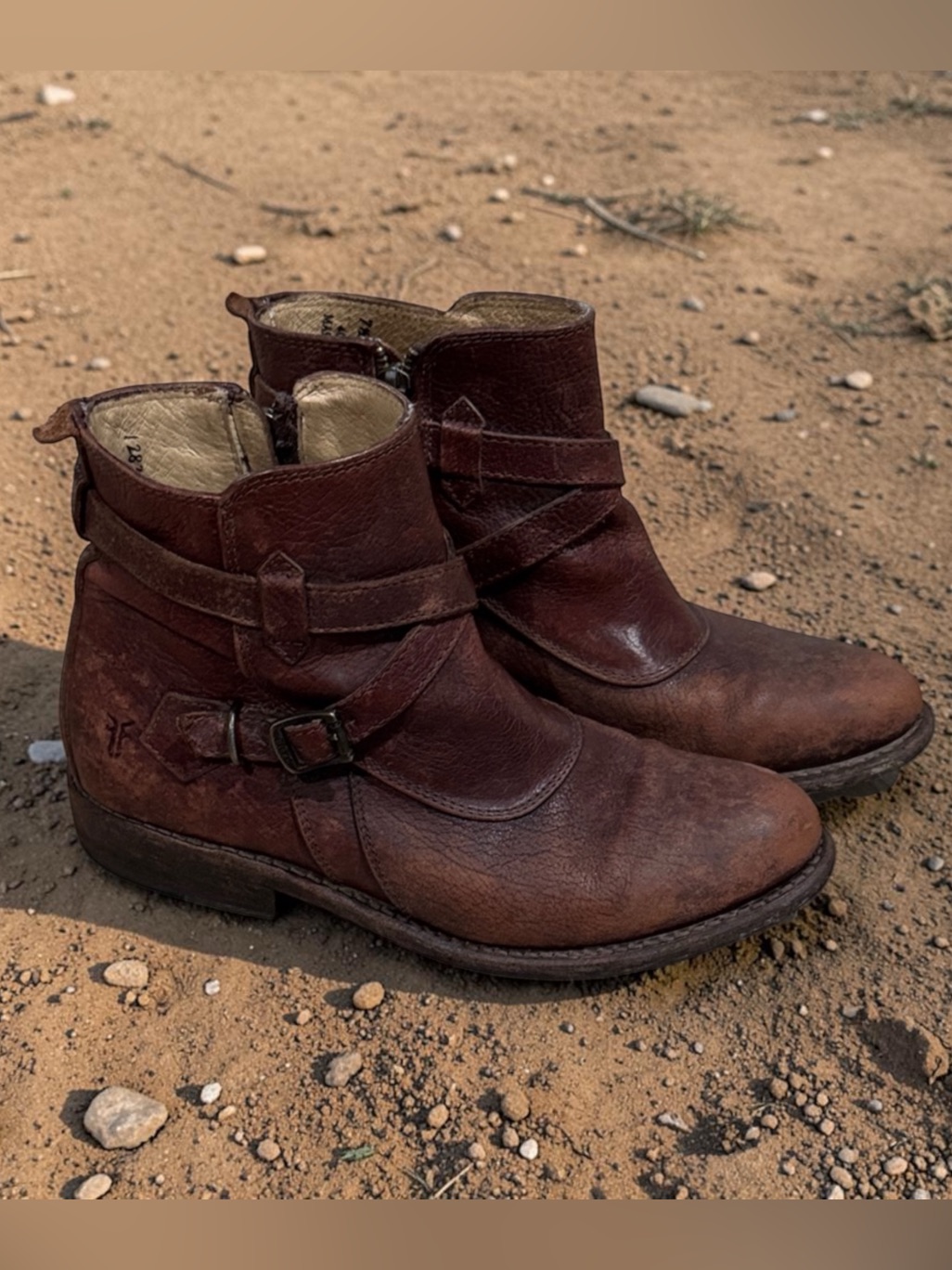 Frye 76785 Jayden Cross Strap Moto Ankle Boots Antiqued Brown Leather